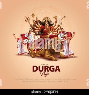 Dio indiano shri Druga in Happy Durga Puja Subh Navratri sfondo rosso. Disegno di illustrazione vettoriale Illustrazione Vettoriale