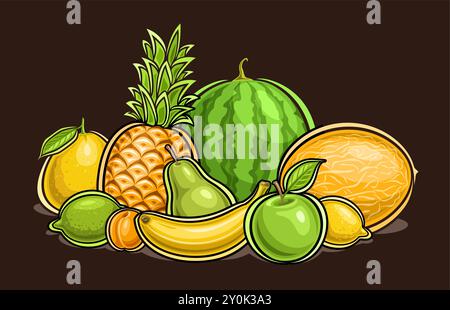 Logo Vector Fruit, poster orizzontale decorativo con un semplice contorno che illustra la composizione di frutta verde e gialla succosa, design dei cartoni animati Fruit pr Illustrazione Vettoriale