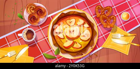 Torta di mele sul tavolo della cucina, vista vettoriale dei cartoni animati. Torta dolce del giorno del Ringraziamento. Cena autunnale al ristorante. Pasticceria natalizia su un tradizionale piano di lavoro in legno per il catering grafico Illustrazione Vettoriale