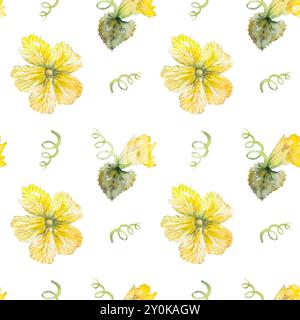 Motivo senza cuciture con zucchine gialle o fiori di zucca. Illustrazione ad acquerello dei fiori di zucca. Zucche in fiore con acquerello. Elementi di progettazione Foto Stock