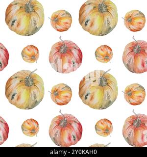Motivo senza cuciture con zucche. Illustrazione ad acquerello disegnata a mano della zucca, motivo senza cuciture con le zucche. Foto Stock