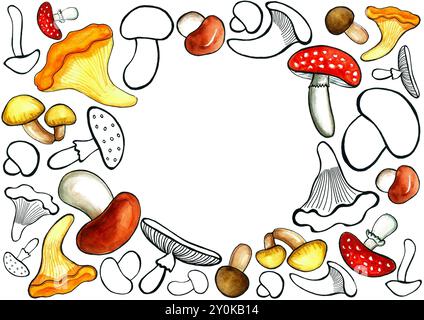 Telaio rotondo da set di funghi. Funghi di varie forme e dimensioni. Disegni con un contorno nero e con riempimento ad acquerello di vari colori. Foto Stock