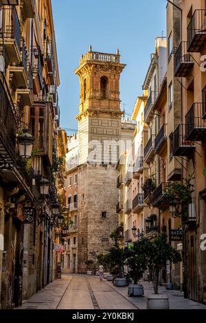 Stretta strada acciottolata vicino a Placa de la Mare de Deu (Plaza de la Virgen), Valencia, Spagna. Foto Stock