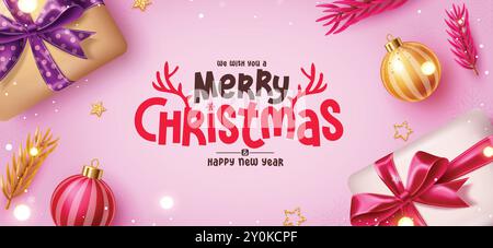 Buon design del banner vettoriale per auguri natalizi. Testo tipografico del saluto natalizio con confezione regalo, palline di Natale, foglie di abete e elementi colorati a forma di stelle Illustrazione Vettoriale