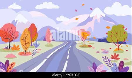 Un'illustrazione vettoriale panoramica di una strada che si snoda attraverso un colorato paesaggio autunnale, circondato da alberi e montagne. I colori vivaci e il design piatto lo rendono ideale per promozioni di viaggio, pubblicità stagionali o sfondi panoramici... Illustrazione Vettoriale
