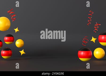 Display creativo con sfere ed elementi nei colori della bandiera tedesca: Nero, rosso e giallo, fluttuante su uno sfondo scuro, perfetto per Foto Stock