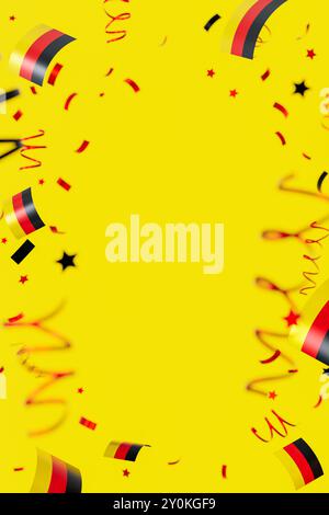 Vivace sfondo celebrativo con coriandoli e nastri nei colori della bandiera tedesca che fluttuano gioiosamente su uno sfondo giallo brillante, perfetto Foto Stock
