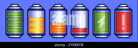 Set di icone dell'indicatore di carica della batteria pixel, simbolo dell'accumulatore di carica. Livelli di energia del telefono con simbolo dell'elettricità in stile retrò a 8 bit. Stato di carica pixelato pieno e basso, barre di avanzamento sullo sfondo Illustrazione Vettoriale