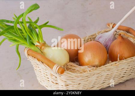 Cipolle gialle e cipolle verdi con radici ricrescite, aglio in un cestello di paglia. Sullo sfondo, due teste di aglio e cipolla rossa Foto Stock