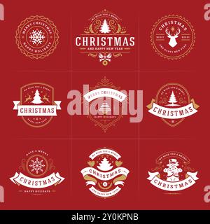 Set di etichette e badge decorati con vettori natalizi, buon anno e festività invernali desidera tipografia per biglietti d'auguri, regali e striscioni, ornamento de Illustrazione Vettoriale