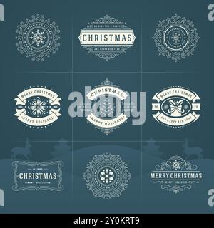 Set di etichette e badge decorati con vettori natalizi, buon anno e festività invernali desidera tipografia per biglietti d'auguri, regali e striscioni, ornamento de Illustrazione Vettoriale