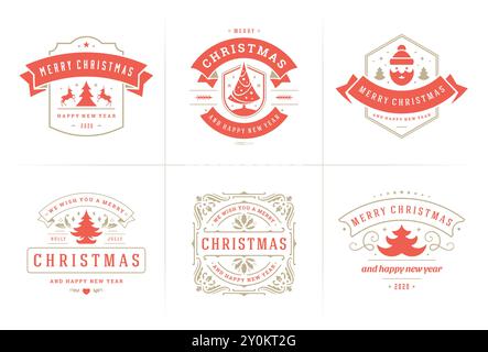 Le etichette e i badge ornati da un vettore natalizio sono impreziositi da buone feste natalizie, auguri tipografici per biglietti d'auguri, regali e striscioni, decorazioni ornamentali Illustrazione Vettoriale