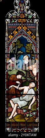 Vetrate Good Samaritan, St. Peter and St. Paul Church, Langham, Rutland, Inghilterra, Regno Unito Foto Stock