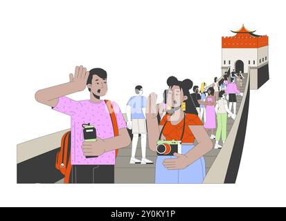 Gruppo di turisti entusiasti sui grandi personaggi dei cartoni animati lineari 2D cinesi Illustrazione Vettoriale