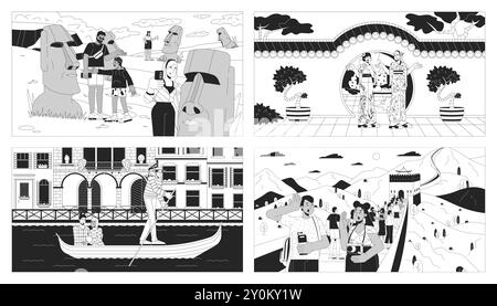 Set di illustrazioni delle linee bianche e nere dei monumenti storici Illustrazione Vettoriale