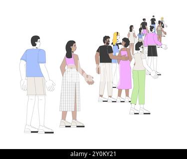 Persone multiculturali che camminano passeggiando per personaggi di cartoni animati lineari 2D. Illustrazione Vettoriale