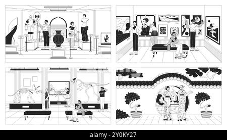 Musei, mostre d'arte, set di illustrazioni in linea bianca e nera Illustrazione Vettoriale