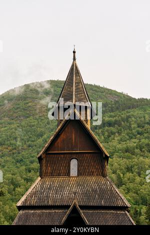 Urnes Stave Church, sito patrimonio dell'umanità dell'UNESCO, di Lustrafjorden in Norvegia. Foto Stock