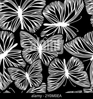 pattern senza cuciture di farfalle grafiche. Carta da parati trendy con motivi animali. Sfondo alla moda per tessuti e tessuti. disegno a mano. Non IA Illustrazione Vettoriale