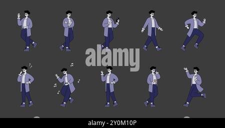 Un uomo d'affari. Pose ed espressioni diverse di un uomo moderno e professionale in abbigliamento casual. Comunicazione, pensiero e animazioni a piedi. Illustrazione vettoriale. Illustrazione Vettoriale