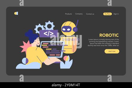 Concetto di formazione STEM. Uno studente interagisce con un robot tra elementi di codifica e tecnologia. Apprendimento online e aula digitale futuristica. Illustrazione vettoriale. Illustrazione Vettoriale