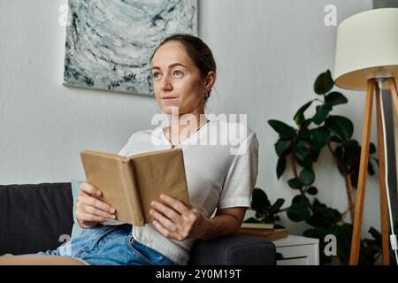 Una giovane donna con vitiligine ama leggere, circondata da un'atmosfera calda e invitante. Foto Stock