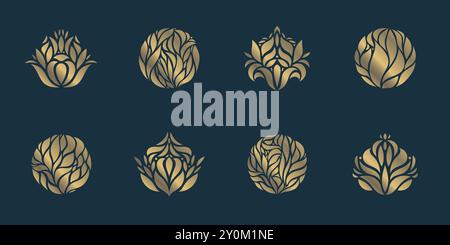 Set vettoriale di loghi dorati in foglia floreale, emblemi di piante circolari, bellezza rotonda, bio, badge organici terapeutici. Loto, forme tulipani, stampe. Illustrazione Vettoriale