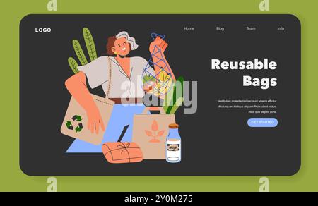 Concetto di shopping sostenibile. Allegro consumatore che utilizza sacchetti ecologici per la spesa. Riduzione dell'uso di plastica e promozione della tutela dell'ambiente. Illustrazione vettoriale. Illustrazione Vettoriale