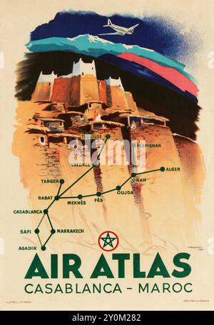 Robert Falcucci - poster d'epoca Air Atlas, poster di viaggio - Mappa di Casablanca Marocco Maroc 1948 Foto Stock