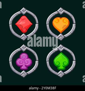 Icone delle carte da gioco in cornice di pietra. Simboli di slot Maya o Aztec. Symbol Heart, Spade, Diamond e Club per il tuo gioco informale, slot machine o casinò Illustrazione Vettoriale