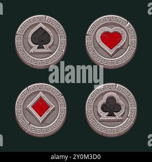 Icone delle carte da gioco in cornice di pietra. Simboli di slot Maya o Aztec. Simboli cuore, vanga, diamante e club per il tuo gioco casual Illustrazione Vettoriale