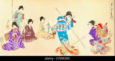 yōshū Chikanobu - Signore in attesa del Castello di Chiyoda - pratica della spada e Puppet Kyōgen - 1895 Foto Stock