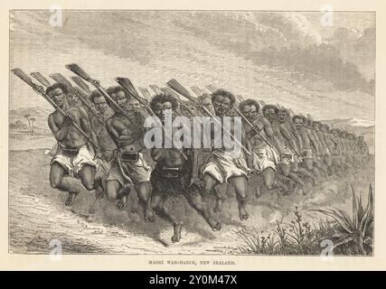 Uomini Maori che eseguono una haka. Uomini con tatuaggi faiciali che tengono moschetti in movimento in formazione. Ballo di guerra maori, nuova Zelanda. Woodcut tratto da The Races of Mankind, Cassell, Petter and Galpin di Robert Brown, Londra, 1873. Foto Stock
