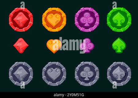 Icone di carte Maya o Aztec in una cornice di pietra per i tuoi giochi di slot. Simboli cuore, vanga, diamante e club Illustrazione Vettoriale