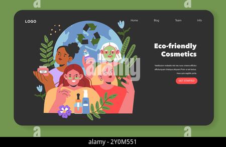 Etica Cosmetics. Donne diverse che presentano prodotti di bellezza ecocompatibili su una pagina web con un simbolo di riciclaggio e piante. Illustrazione vettoriale. Illustrazione Vettoriale