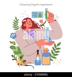 Etica Cosmetics. Uno scienziato seleziona ingredienti naturali per cosmetici ecologici, circondati da piante e provette. Illustrazione vettoriale. Illustrazione Vettoriale