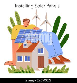 Concetto di energia rinnovabile. Una persona installa pannelli solari su un tetto con turbine eoliche sullo sfondo, promuovendo una vita sostenibile. Illustrazione vettoriale. Illustrazione Vettoriale