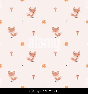Un motivo semplice, accogliente e autunnale in un modello minimalista di volpi, funghi, foglie d'acero in stile scandinavo. Illustrazione Vettoriale