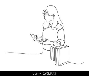 Una persona in piedi e che guarda uno smartphone, tenendo un oggetto rotondo nell'altra mano. Diverse linee verticali vicino all'angolo inferiore destro Illustrazione Vettoriale