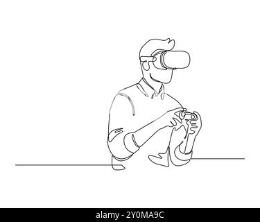 Una persona che utilizza apparecchiature per la realtà virtuale, indossa un visore VR e tiene i controller in entrambe le mani. L'individuo è impegnato in un'esperienza immersiva Illustrazione Vettoriale