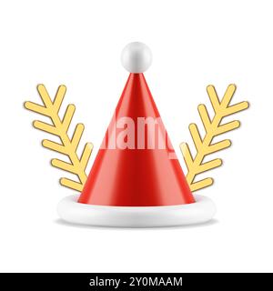 Cappello a cono di Babbo Natale rosso e icona in 3d con ramo in abete rosso dorato. Realistica illustrazione vettoriale. Giocattolo natalizio di Capodanno in metallo premium come souvenir Illustrazione Vettoriale
