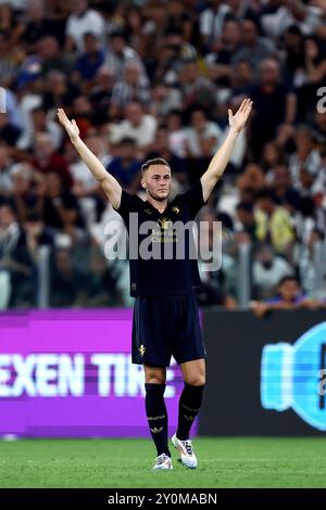 Teun Koopmeiners della Juventus FC gesti durante la partita di serie A tra la Juventus FC e la Roma allo stadio Allianz il 1 settembre 2024 a Torino. Foto Stock