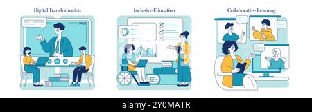 Tendenze Education impostate. Trasformazione digitale, istruzione inclusiva e concetti di apprendimento collaborativo. Metodi di insegnamento moderni e accessibilità. Illustrazione vettoriale. Illustrazione Vettoriale