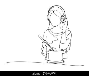 Una giovane donna che indossa le cuffie, che mescola una pentola con un cucchiaio. L'individuo appare concentrato sulla cucina. Illustrazione Vettoriale