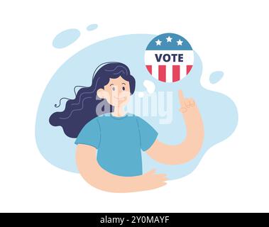 Donna con una spilla di voto. Concetto di campagna elettorale, illustrazione vettoriale in stile piatto Illustrazione Vettoriale