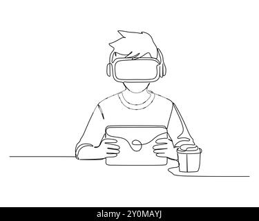 Una persona che indossa occhiali di protezione per la realtà virtuale, tiene un tablet in una mano e una tazza nell'altra, seduto a un tavolo o a una scrivania e interagisce con entrambi i dispositivi. Illustrazione Vettoriale