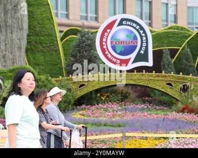 La gente passa davanti al letto di fiori a tema del Forum della cooperazione Cina-Africa "Un destino condiviso" vicino a Dongdan, distretto di Dongcheng, Pechino, 3 settembre 2024. Pechino, Cina.3 settembre 2024.il Forum 2024 sulla cooperazione Cina-Africa si terrà, il tema fiore del forum può essere visto nelle strade di Pechino, 3 settembre 2024. Credito: Jiang Qiming/China News Service/Alamy Live News Foto Stock