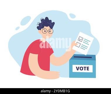 Uomo che mette un voto in una casella di voto. Concetto di campagna elettorale, illustrazione vettoriale in stile piatto Illustrazione Vettoriale