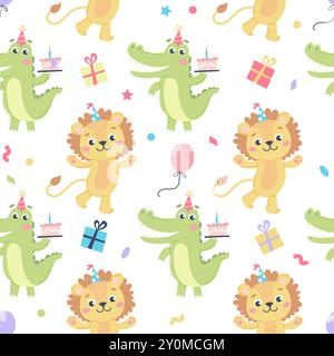 Modello di compleanno dei bambini. Simpatici coccodrilli e leoni con cappello da festa. Modello di illustrazione vettoriale Illustrazione Vettoriale