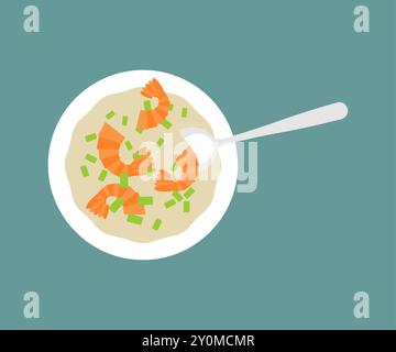 Vista dall'alto di Tom yum. zuppa di gamberi in un recipiente Illustrazione Vettoriale